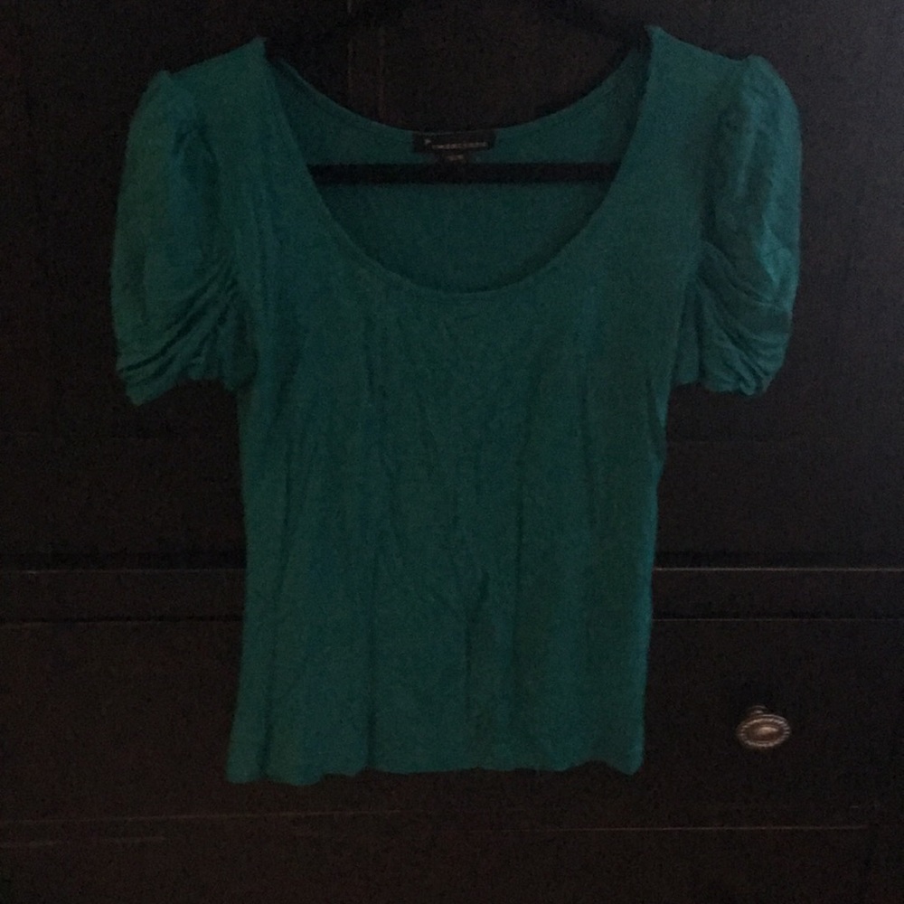 Teal blouse with gathered, puffed sleeves